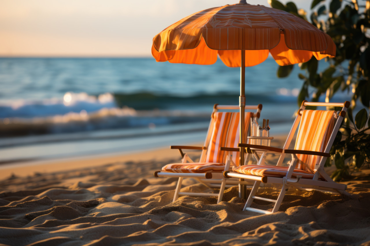 Mini beach chairs and umbrellas at sunset, summer season nature image