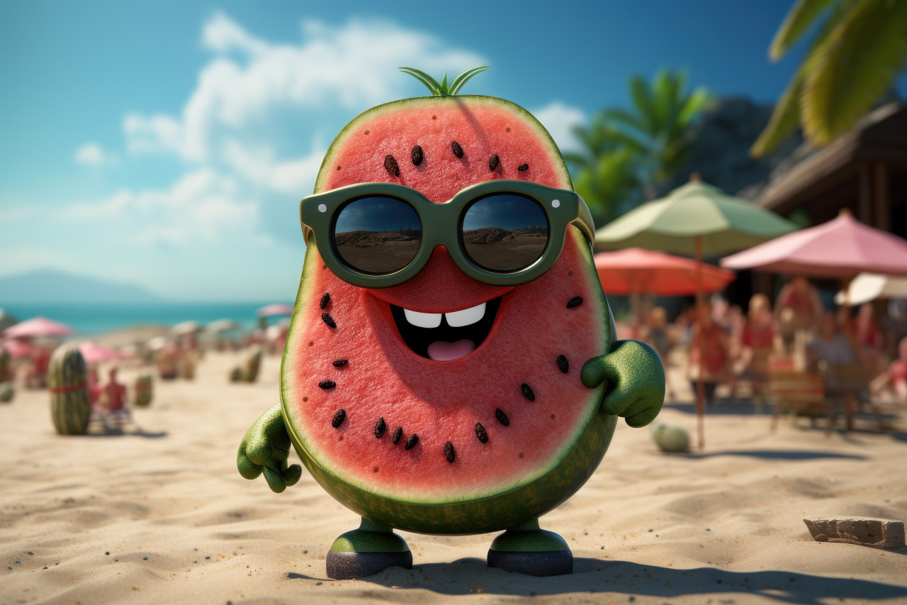 Sunglasses wearing watermelon enjoying the sand, summer landscape image