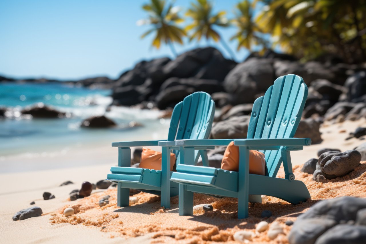 Beach chairs and palm trees adorning the scenic shoreline, beautiful summer photo