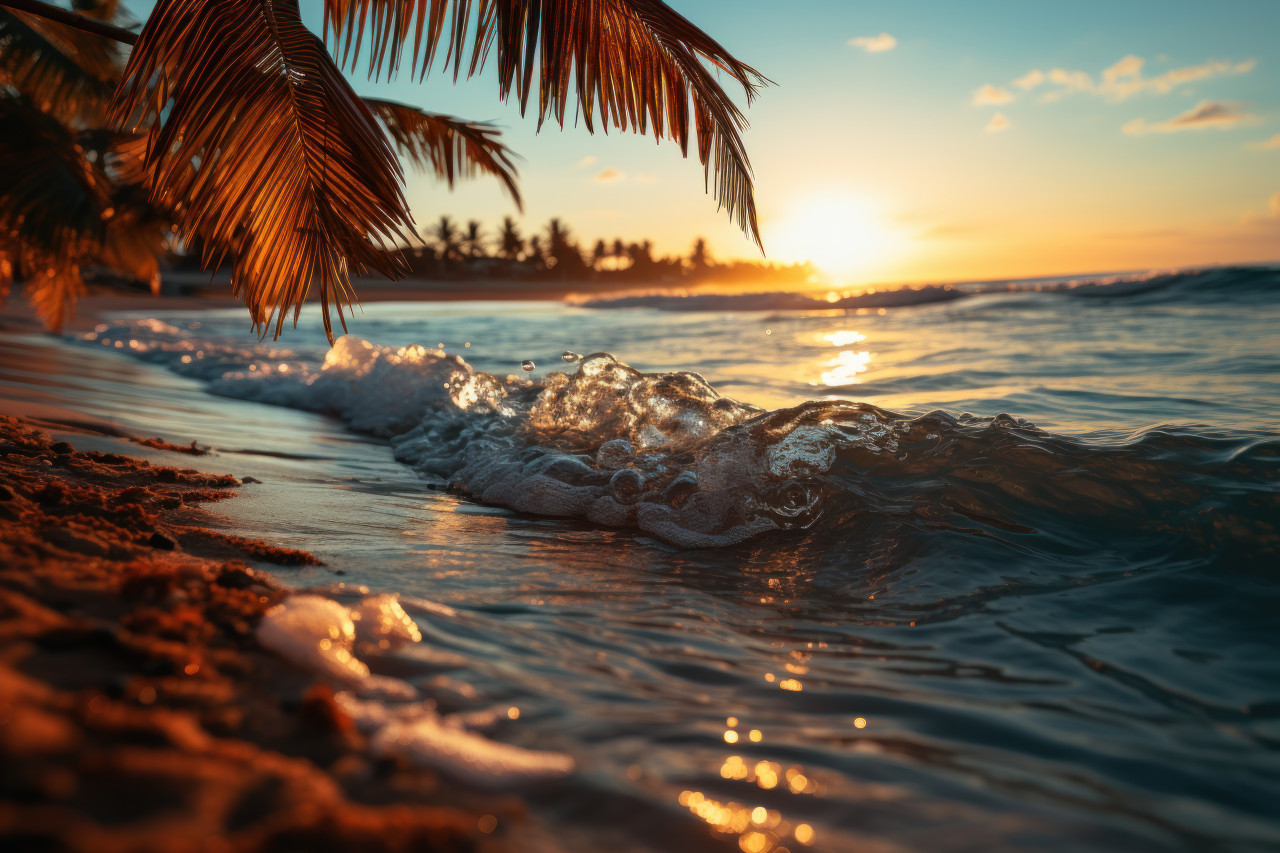 Ocean bliss surrounding palm tree in suns warm glow, beautiful summer photo