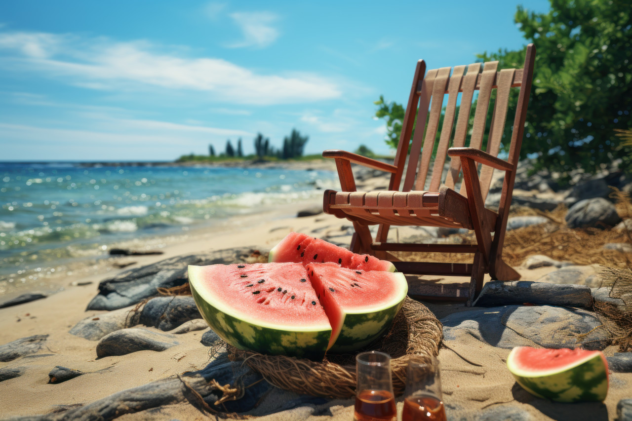 Watermelon and beach chair by the shoreline, best summer image