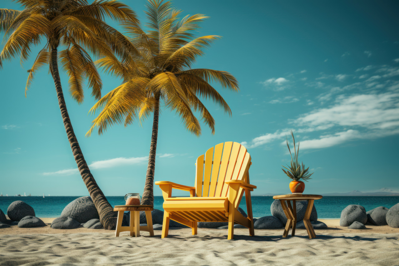 3d animated scene with palm tree and relaxing chair, relaxing summer scene