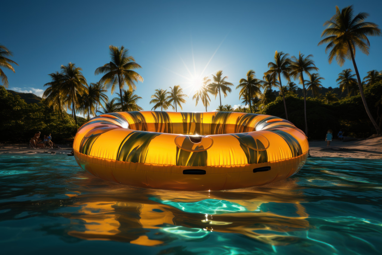 Golden pool float amidst palm trees in a summer concept, relaxing summer scene