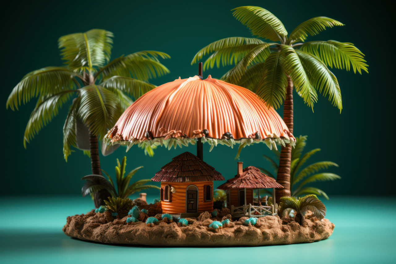 Idyllic tropical island with a large umbrella and fresh coconut, best summer image