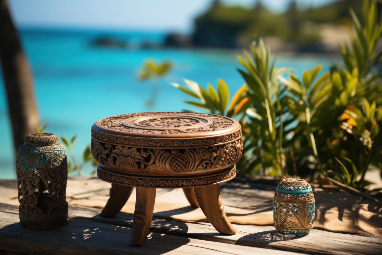 Stool positioned to enjoy a beach surrounded by palm trees, summer landscape image