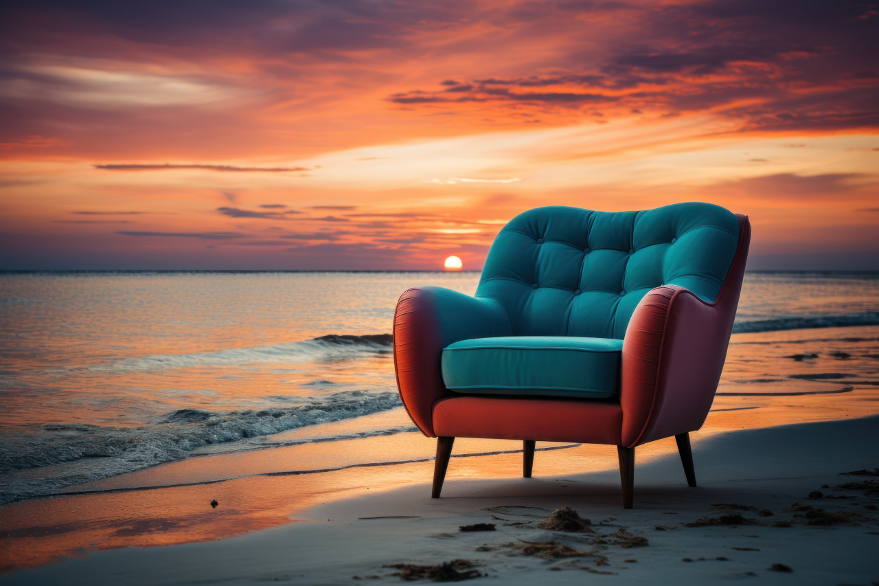 Blue lounge chair on the seashore at sunset, beautiful summer photo