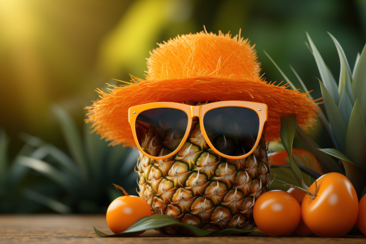 Hat and sunglasses paired with fresh orange and pineapple, beautiful summer photo