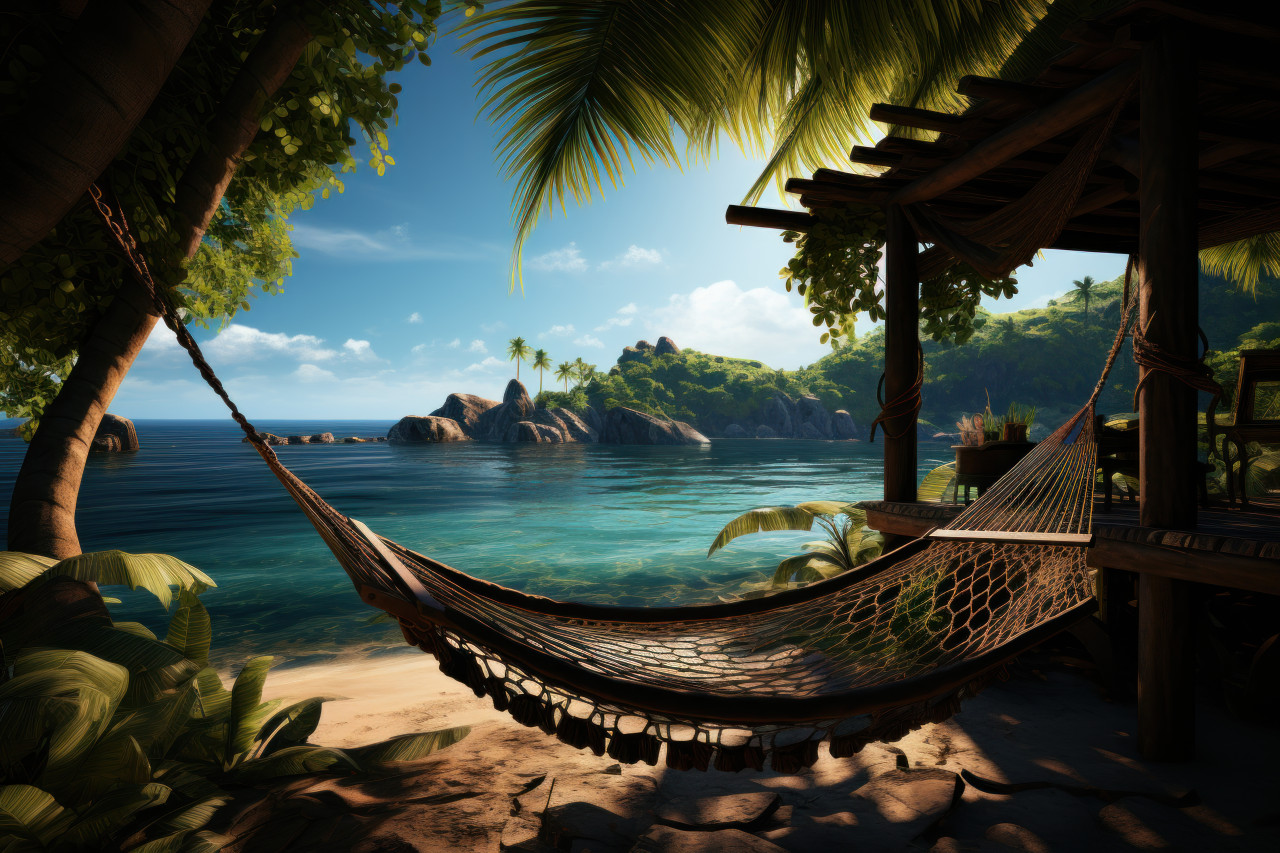 Relaxing hammock scene with sunlight and palm tree, summer season nature image