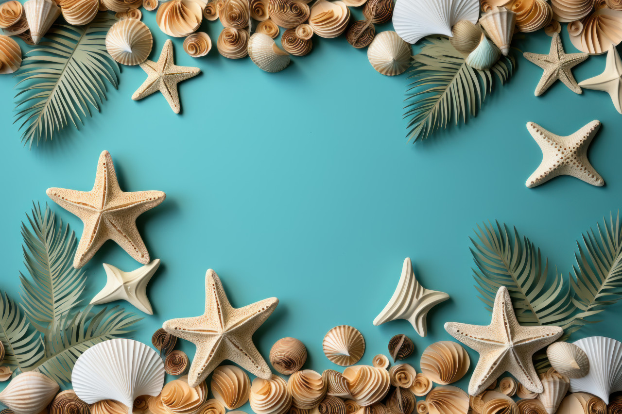 Star shell emerald sea shell and paper palm tree on the shore, best summer image