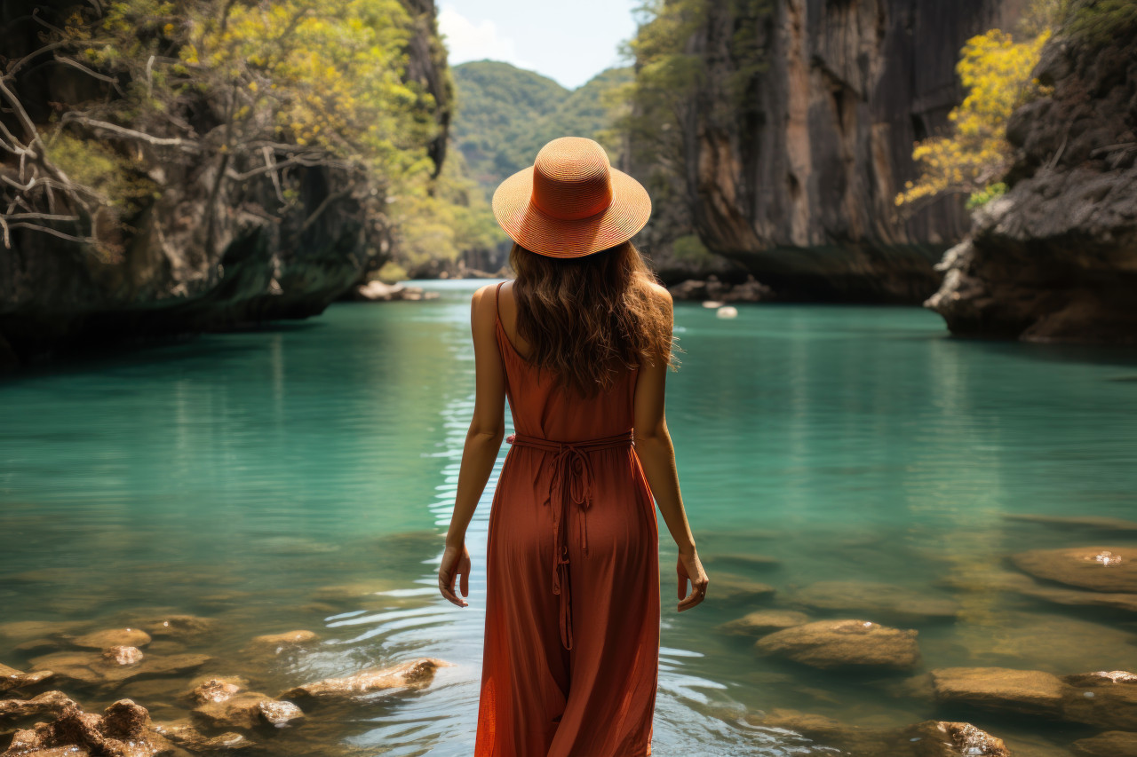 Vacationer in red hat standing in crystal clear waters, summer landscape image