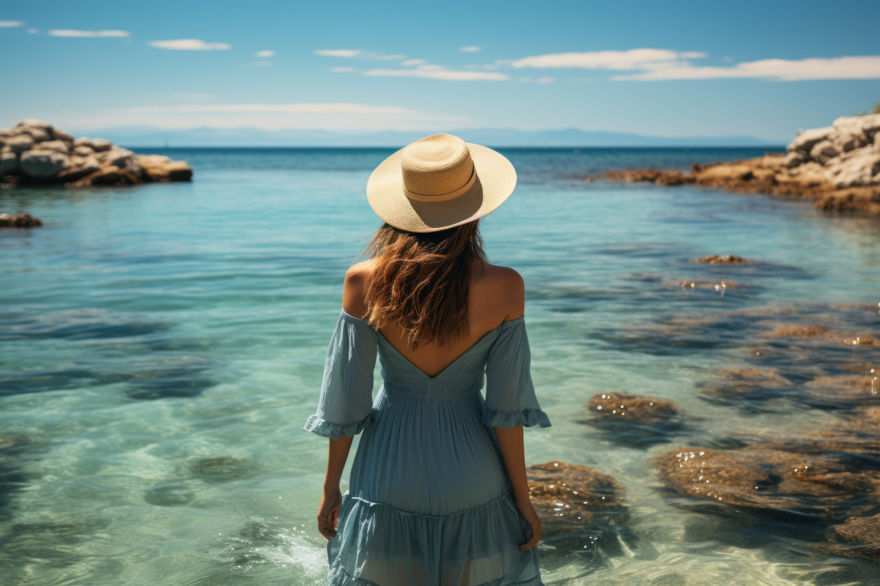 Creative pose of a woman with sun hat in the water, relaxing summer scene
