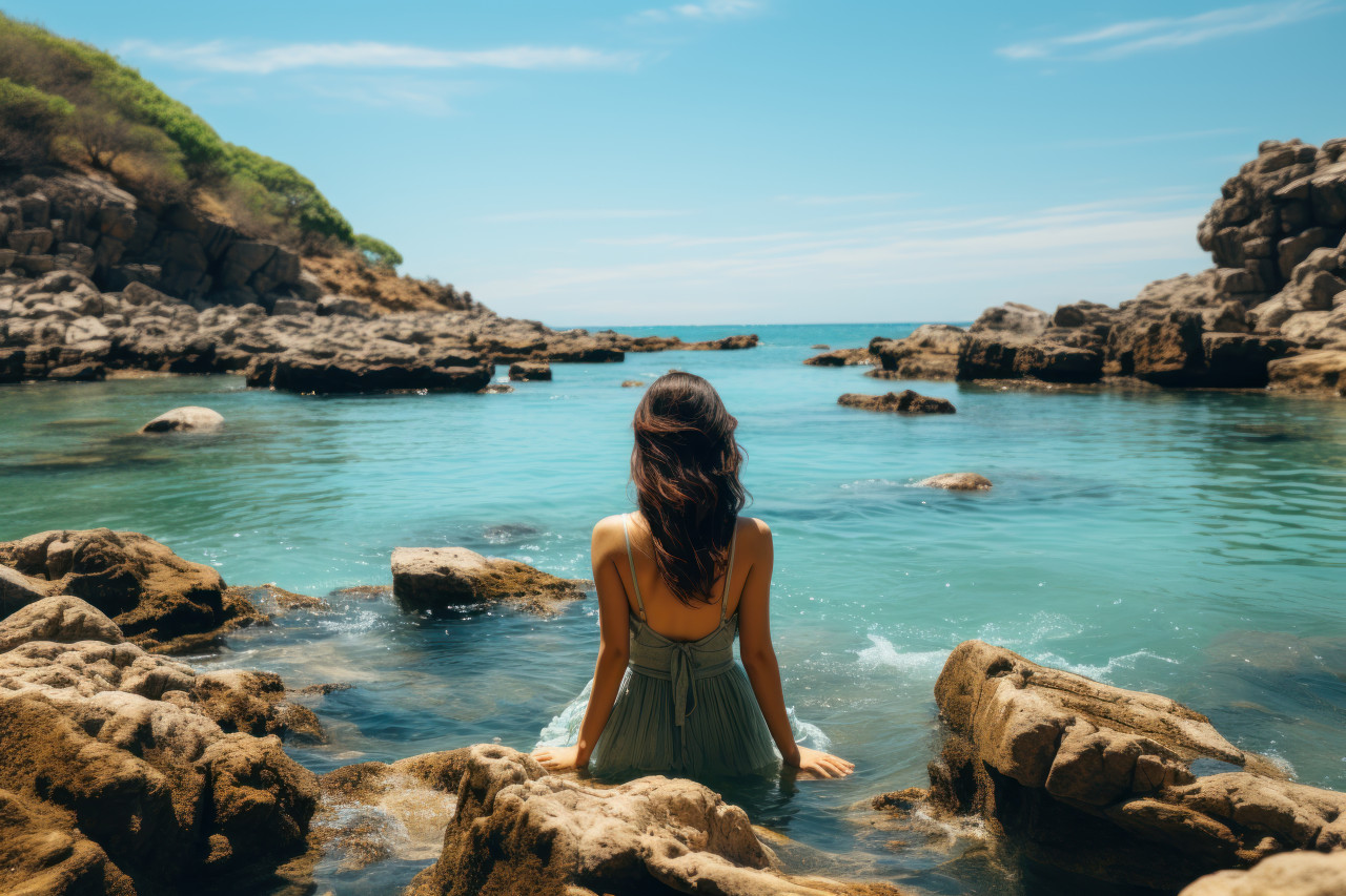 Woman sitting amidst rocks dipping into the sea, beautiful summer photo