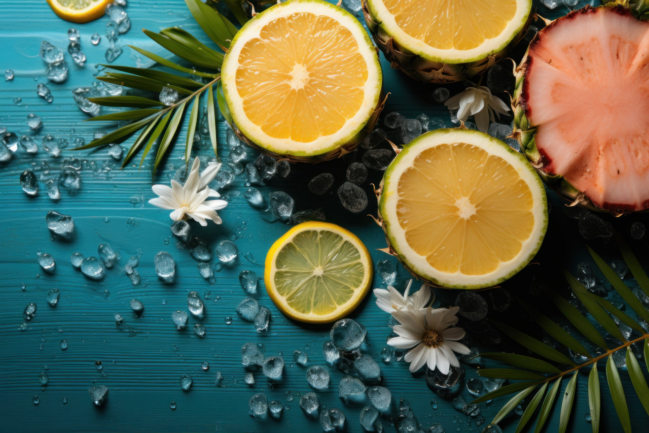 Watermelon coconuts pineapple and yellow paper square, beautiful summer photo