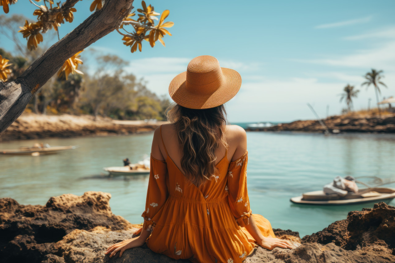 Girl with straw hat and red dress enjoying the ocean view, relaxing summer scene