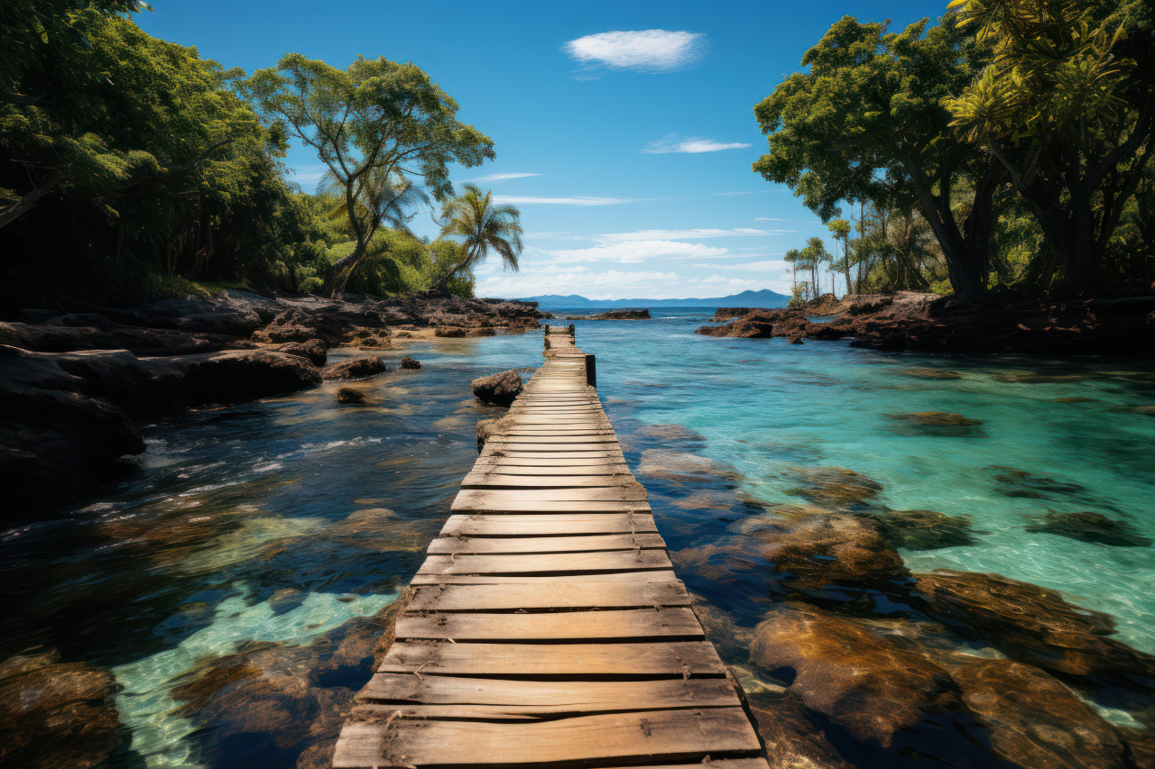 Picturesque overwater pathway leading to a beach paradise, best summer image