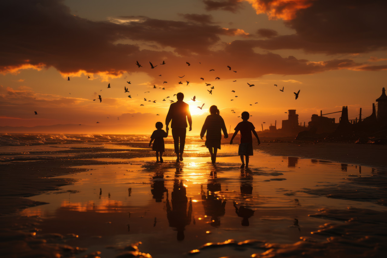 Family unwinds and cherishes the sunset on the beach, relaxing summer scene