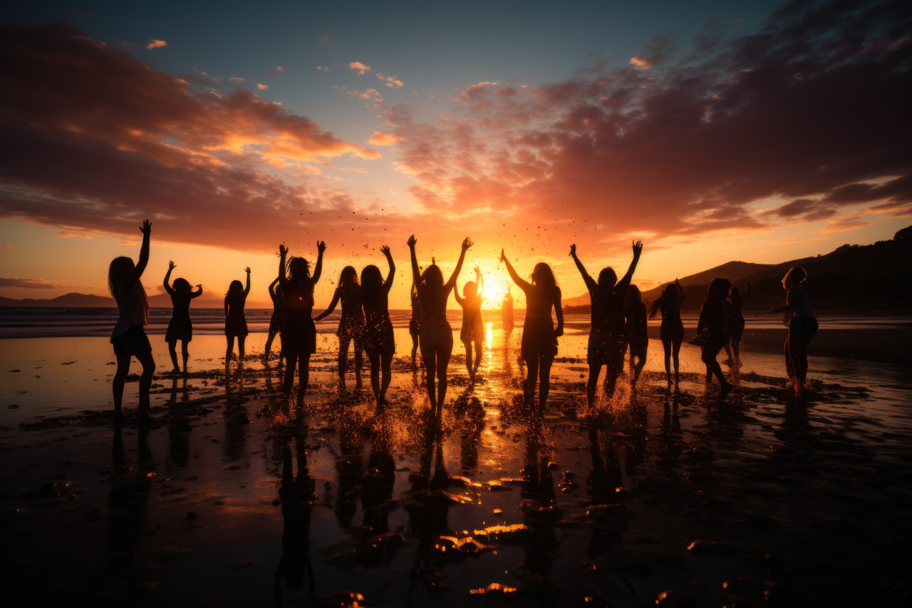 Silhouette of a playful group enjoying the sunset beach, beautiful summer photo