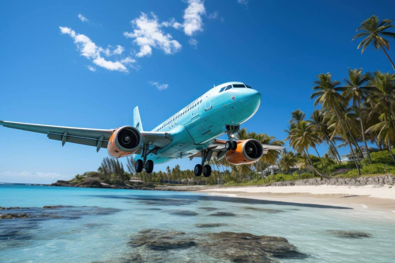 Airplane overhead revealing white beach and palm tree haven, summer season nature image