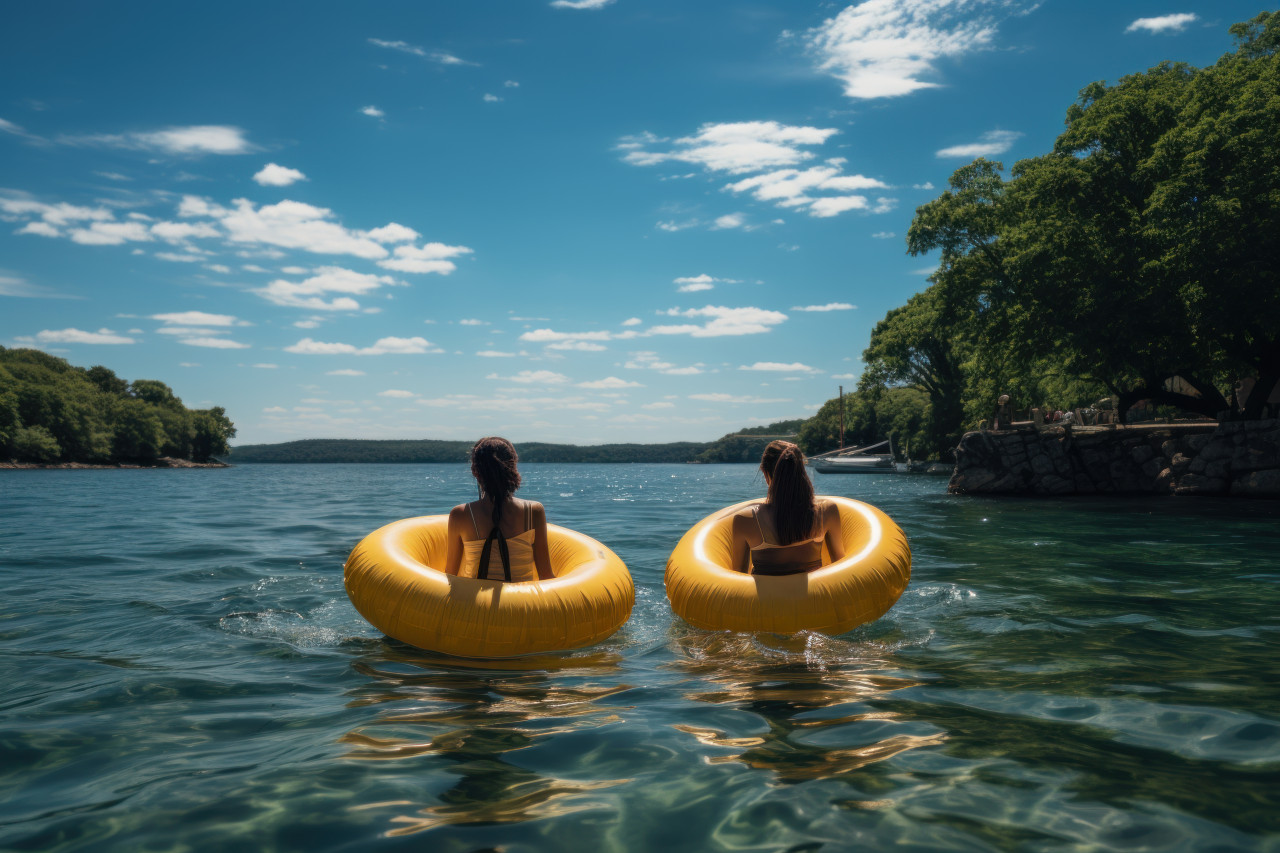 Two women enjoying the sea with an inflatable ring, summer season nature image