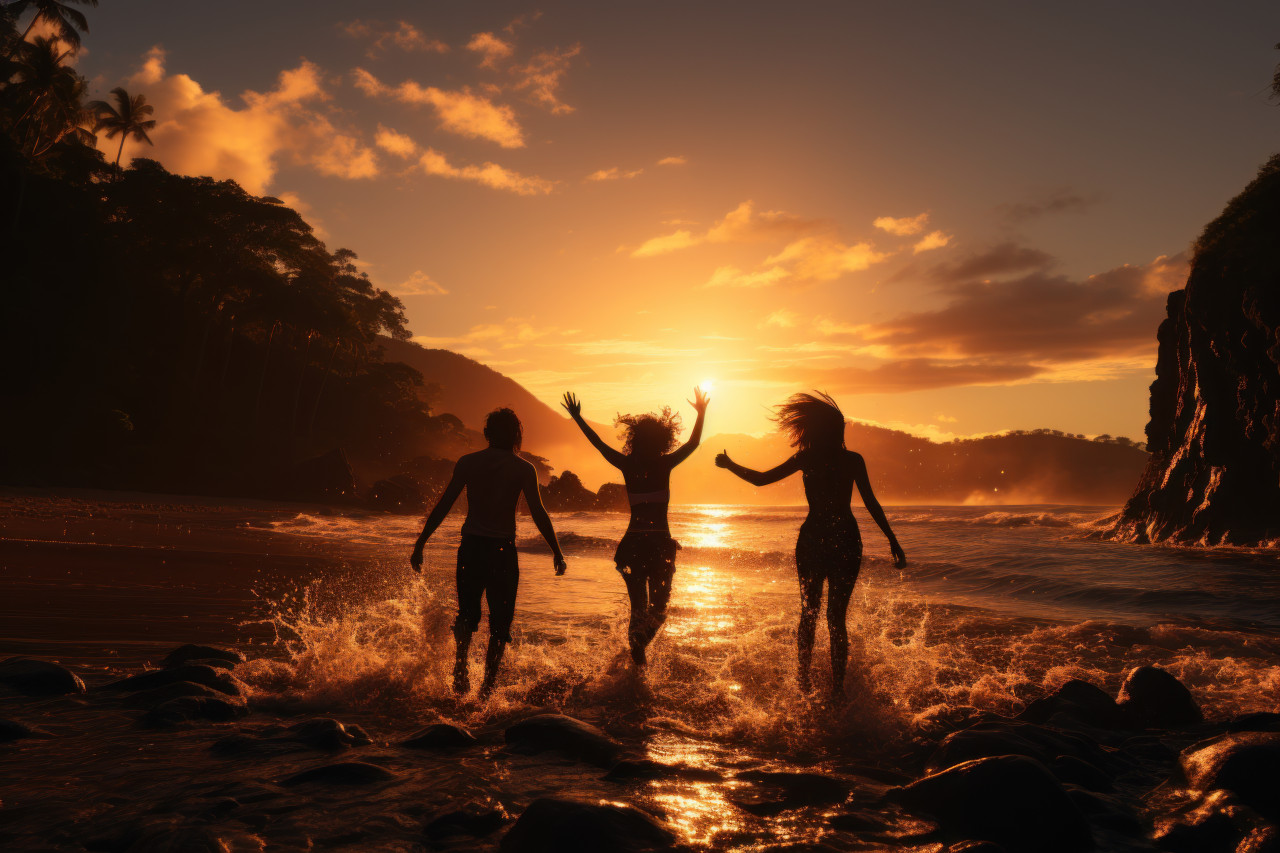 Trio of friends reach for the skies amidst a glorious sunset, summer season nature image