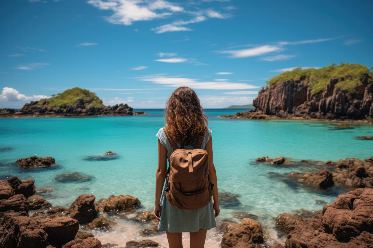 Woman on top of tropical beach with open arms, relaxing summer scene