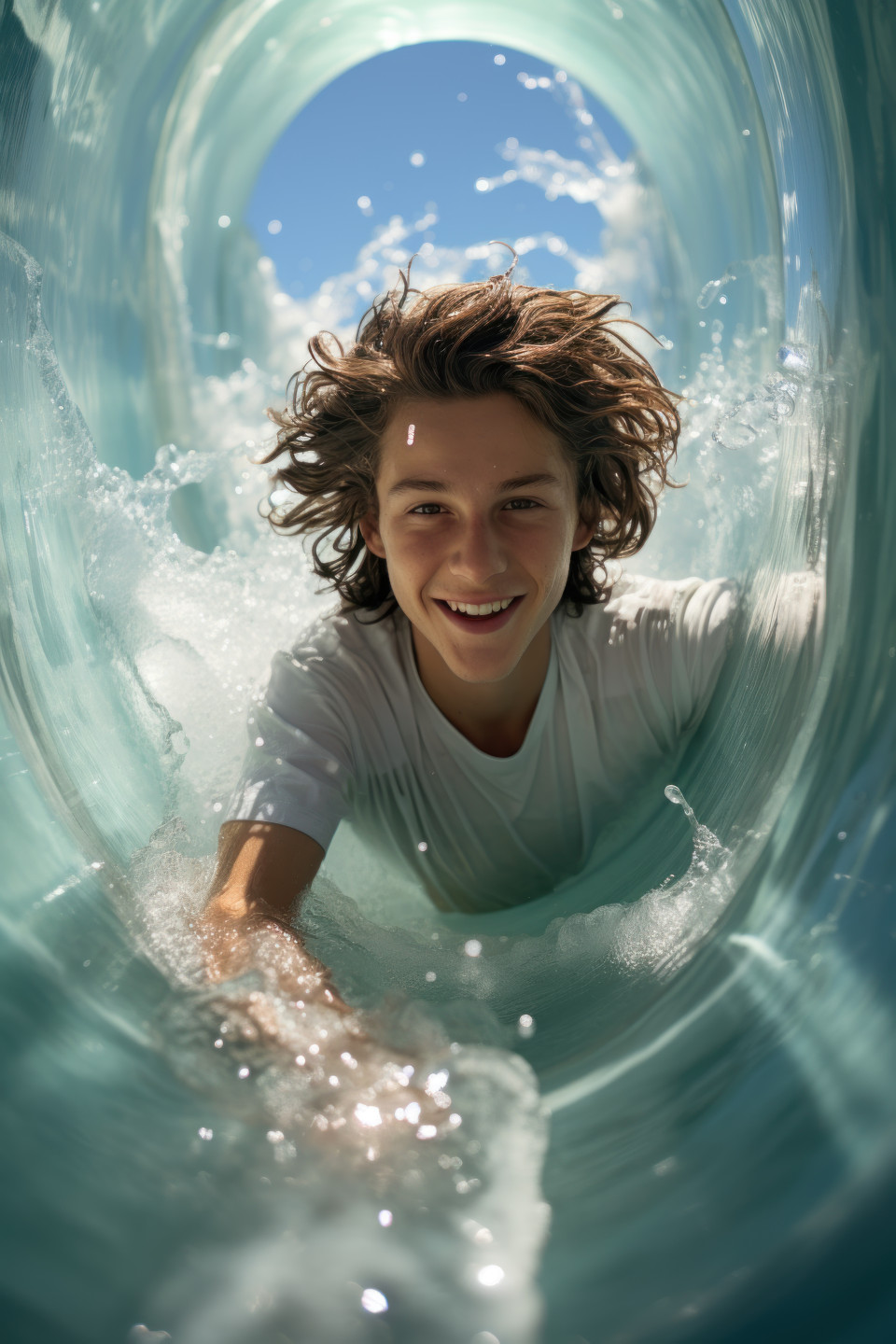 Young explorer riding down a water slide at an israeli aquatic paradise, summer landscape image