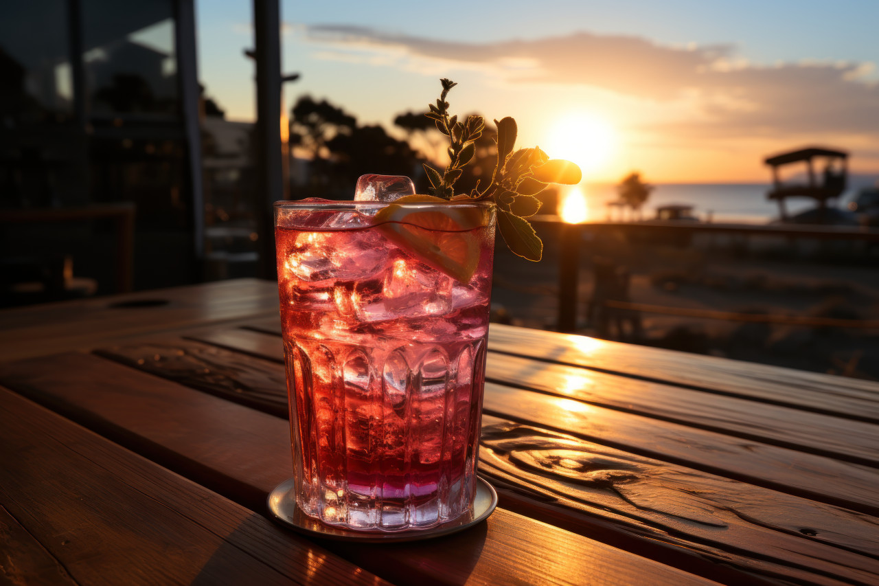 A relaxing cocktail experience on a wooden table, summer season nature image