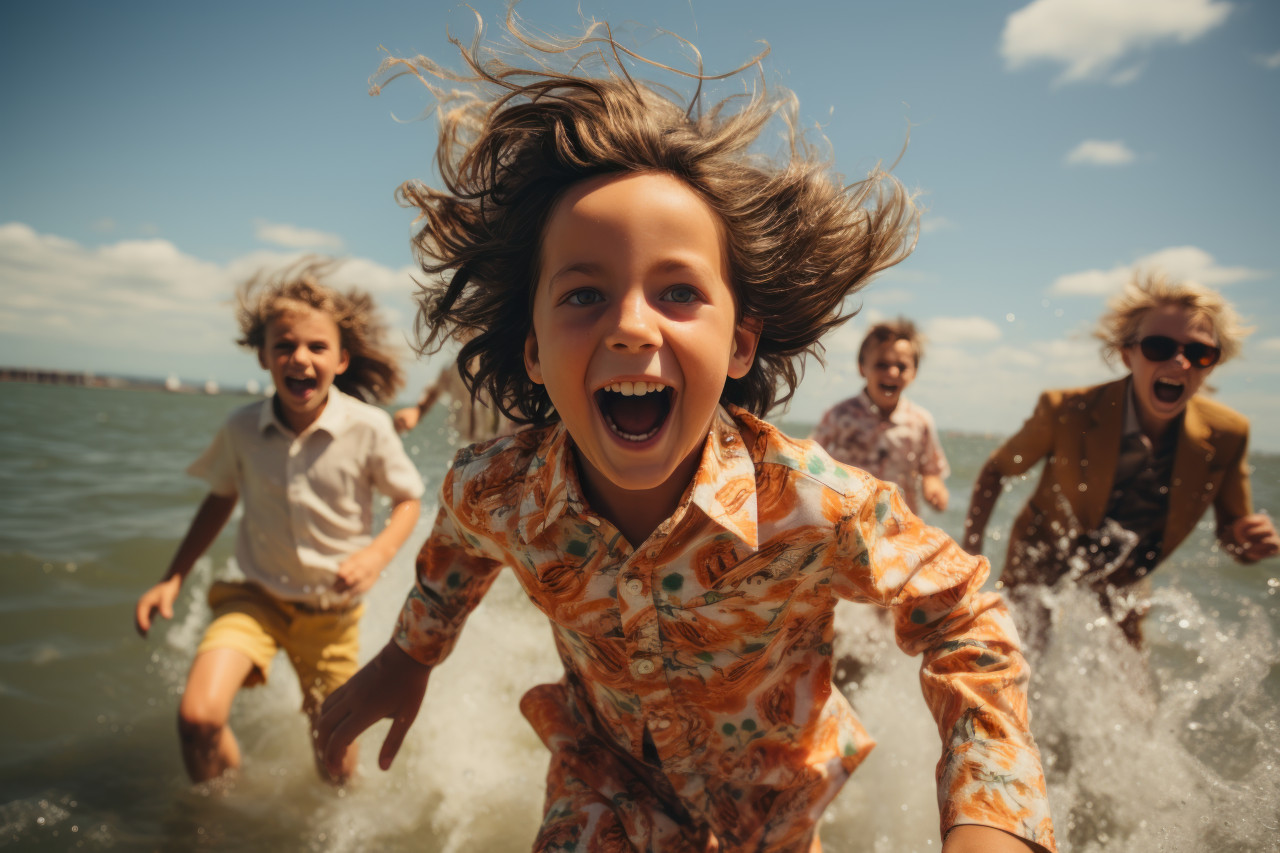 Group of friends dressed in suits splashing and having fun, best summer image