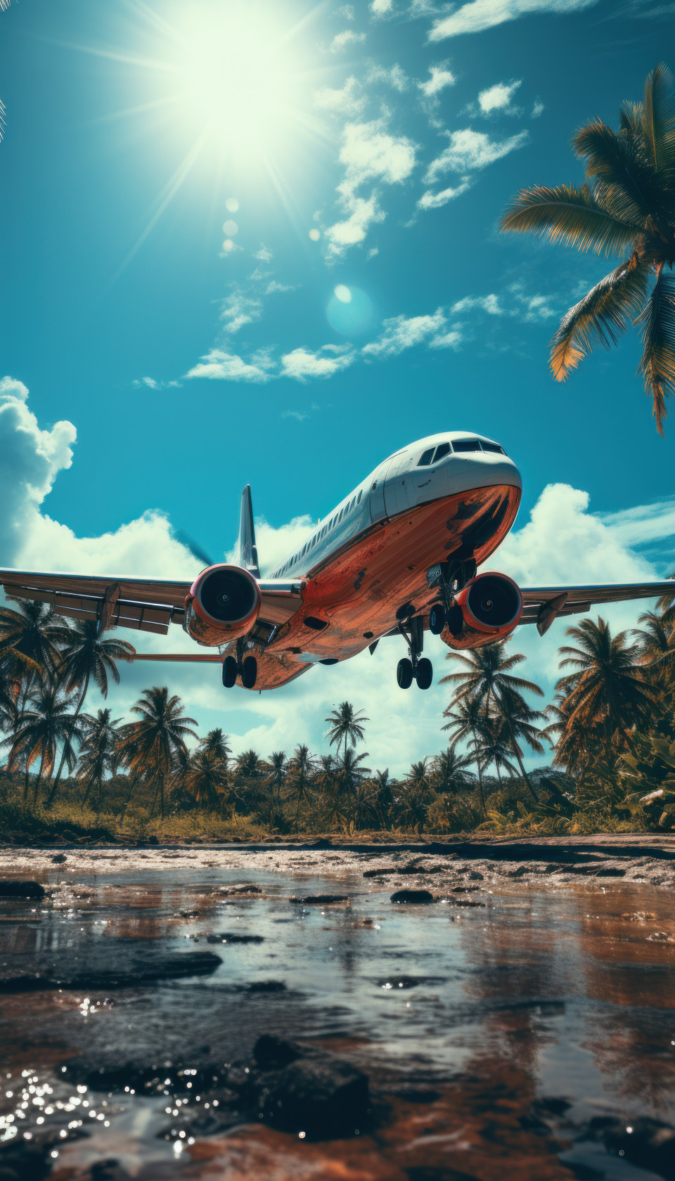 Jet flying over the beach with majestic palm trees below, best summer image