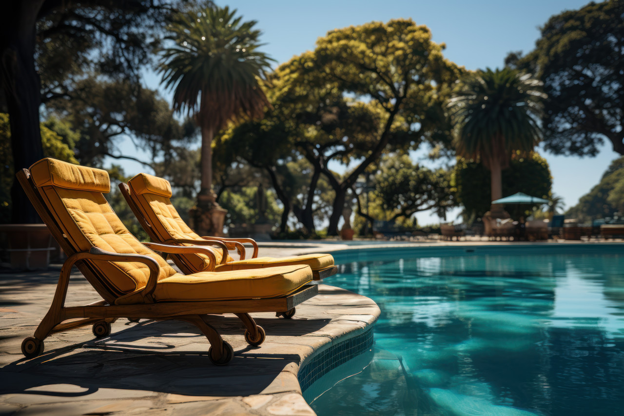 Enjoying the comfort of loungers and umbrellas by a crystal blue pool, beautiful summer photo