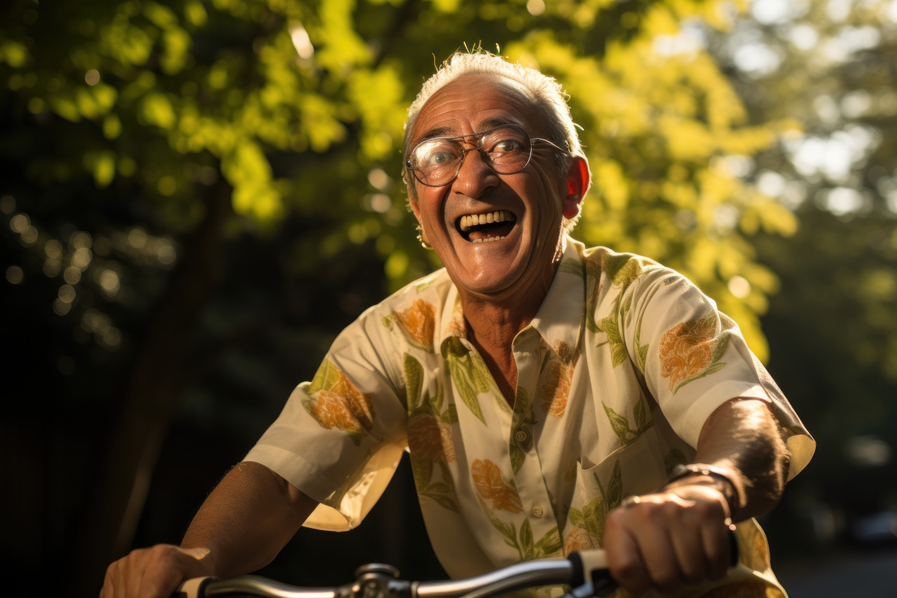 Senior male outdoor bicycle adventure, diverse active seniors pictures