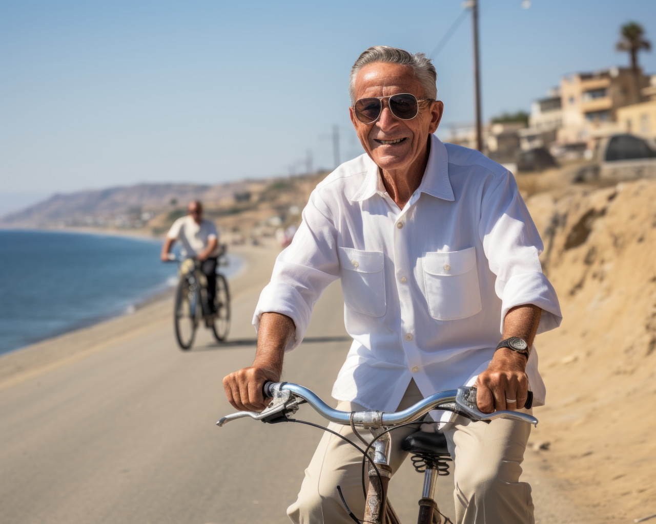 Elderly gentleman cycling by the beach, active seniors lifestyle images