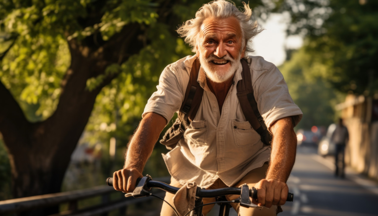 Elderly man serene cycling adventure, images of senior citizens