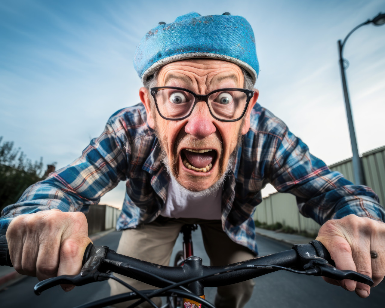 Elderly gentleman cycling outdoors with glasses, diverse active seniors pictures