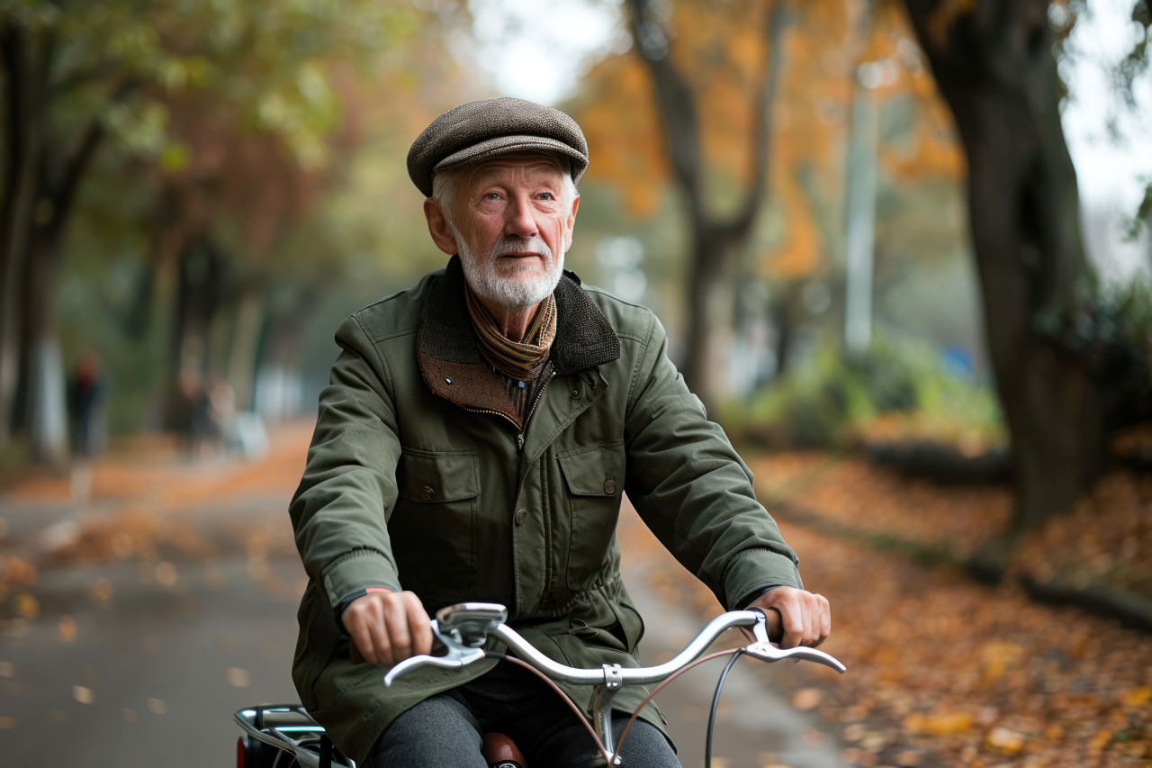 Elderly gentleman cycling in cold weather, happy active seniors images
