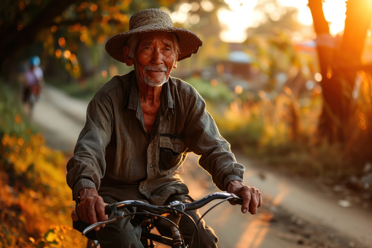 Old man on a bicycle, active seniors lifestyle images