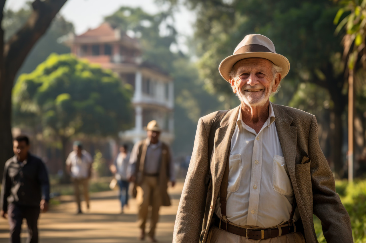 Senior man enjoying park walk, diverse active seniors pictures