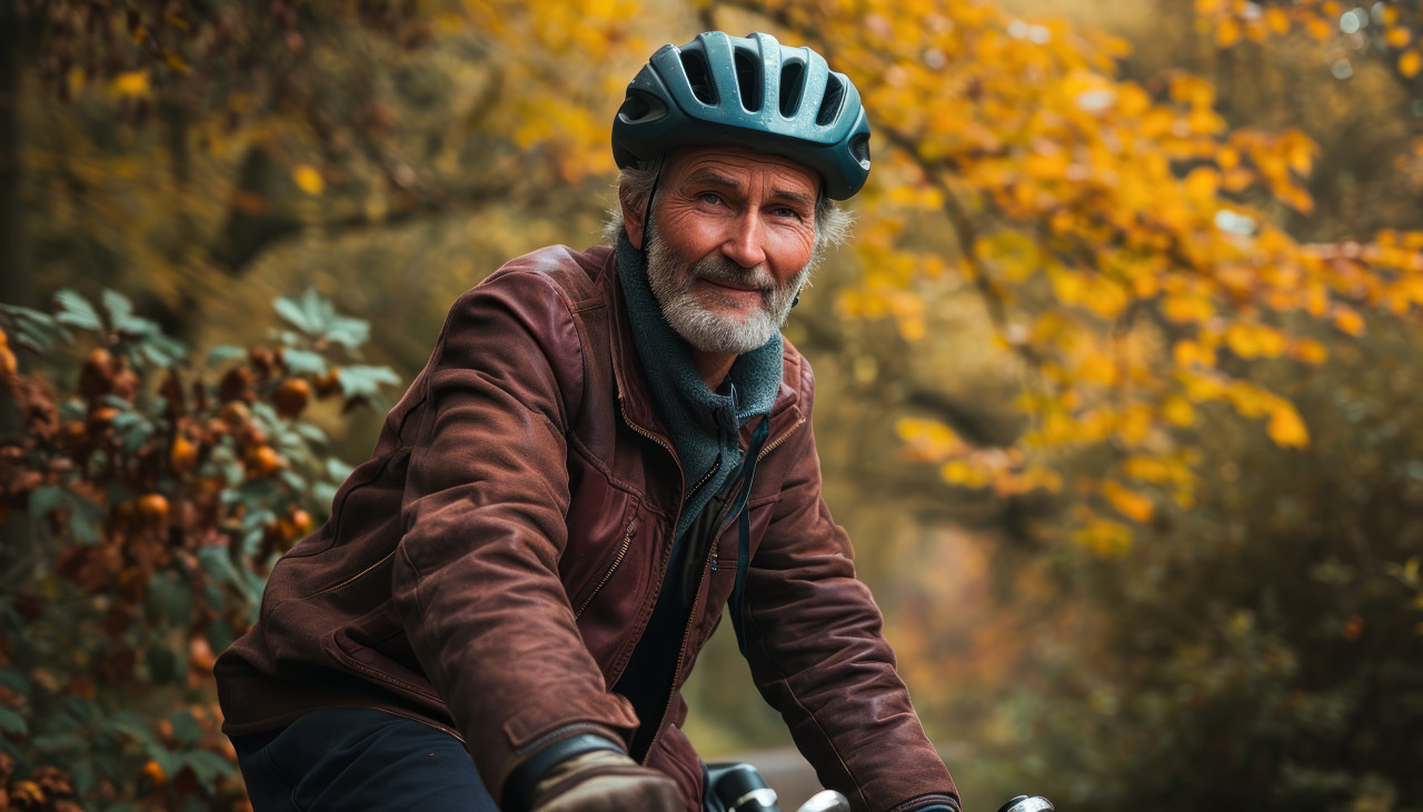 Senior man cycling with protective helmet, images of senior citizens