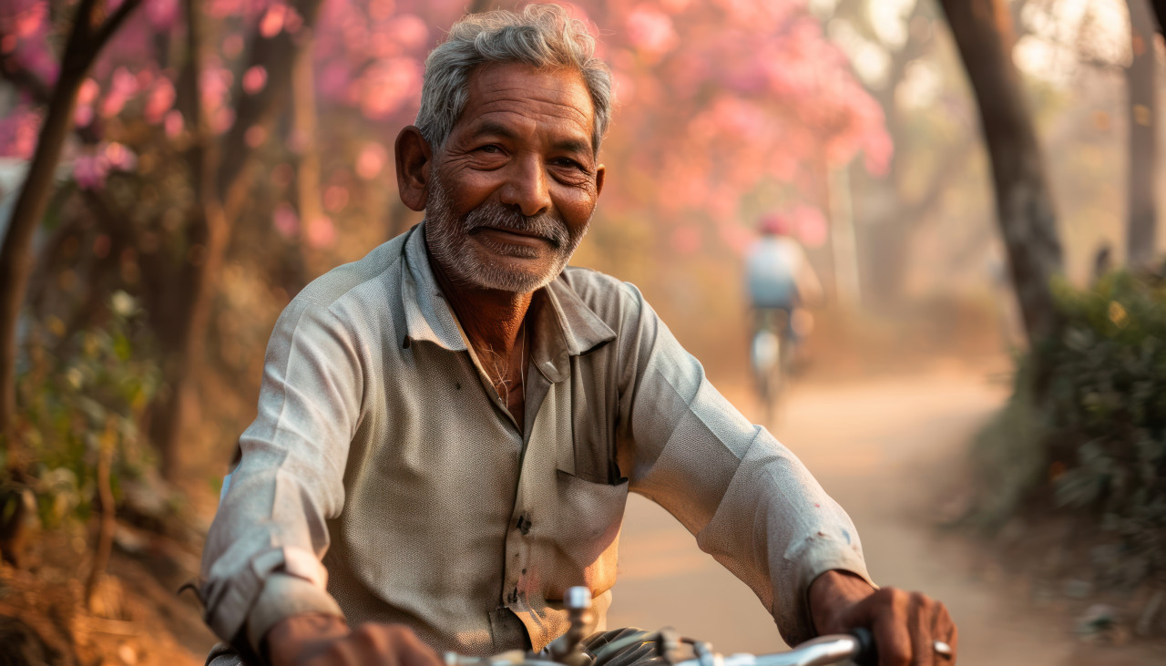 Retired gentleman cycling in park, active seniors lifestyle images