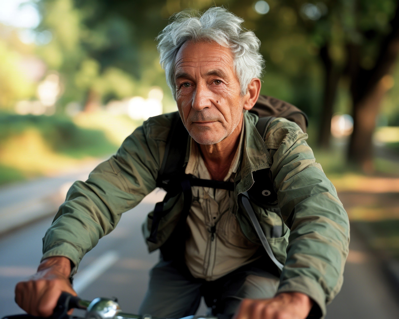 Senior man cycling, happy active seniors images