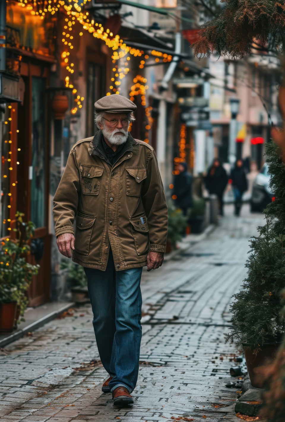 Stylish senior enjoying town street walk, active seniors lifestyle images