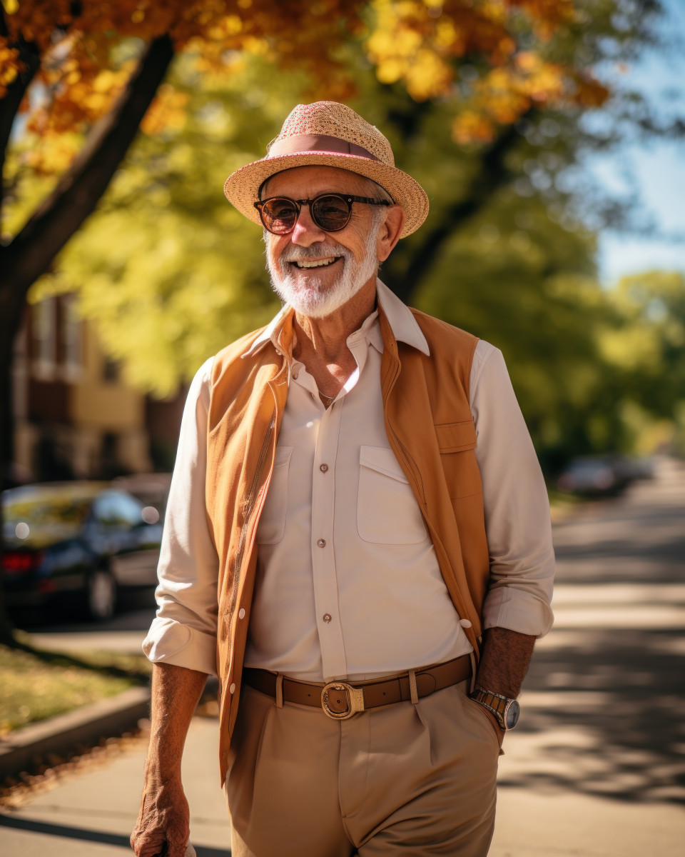 An elderly man leisurely sidewalk, active seniors lifestyle images