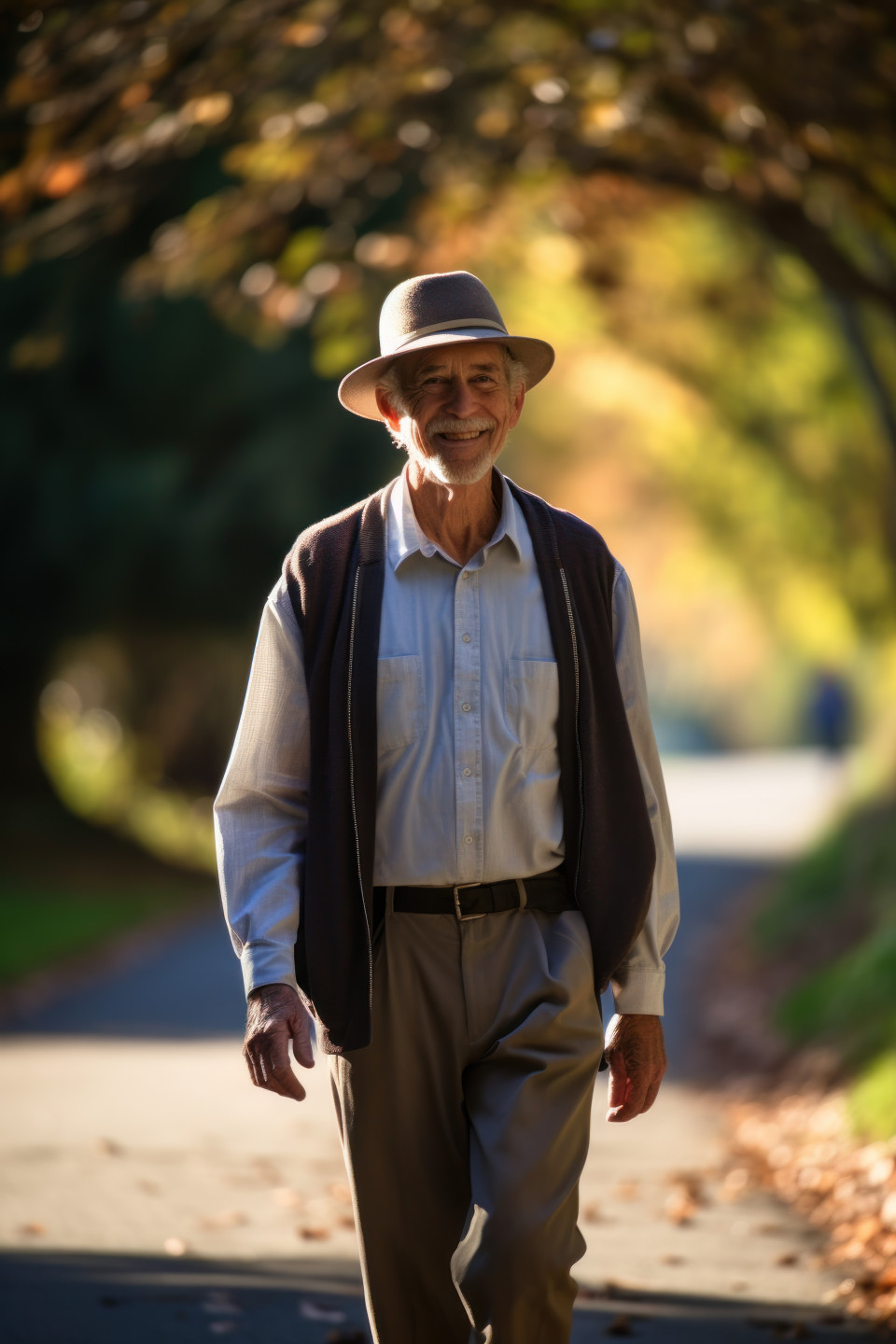 Elderly gentleman walking along the pathway, diverse active seniors pictures