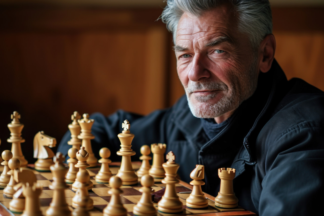 Elderly business expert at chess, happy active seniors images