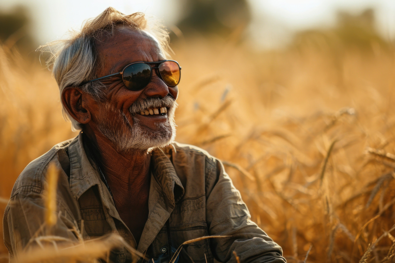Smiling grandpa enjoys the sun in sunglasses in a field, active seniors lifestyle images