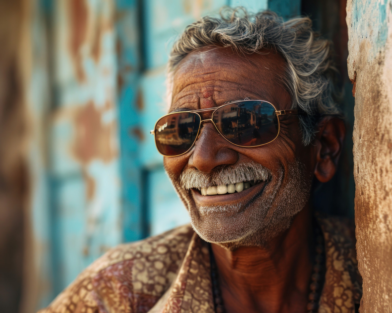 Cheerful grandfather wearing sunglasses, diverse active seniors pictures