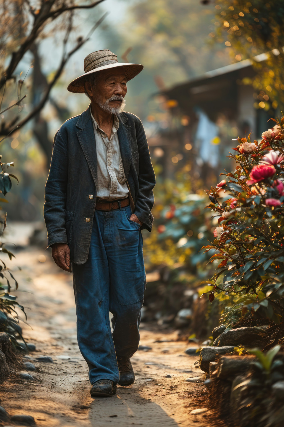 Elderly gentleman enjoying park walking in blue pants and hat, happy active seniors images