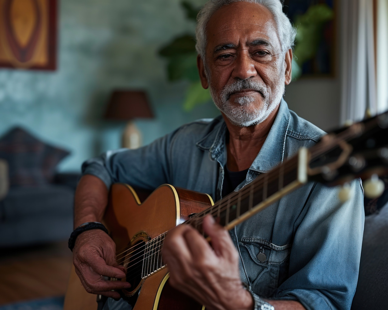 Elderly gentleman playing guitar in his living room, active seniors lifestyle images
