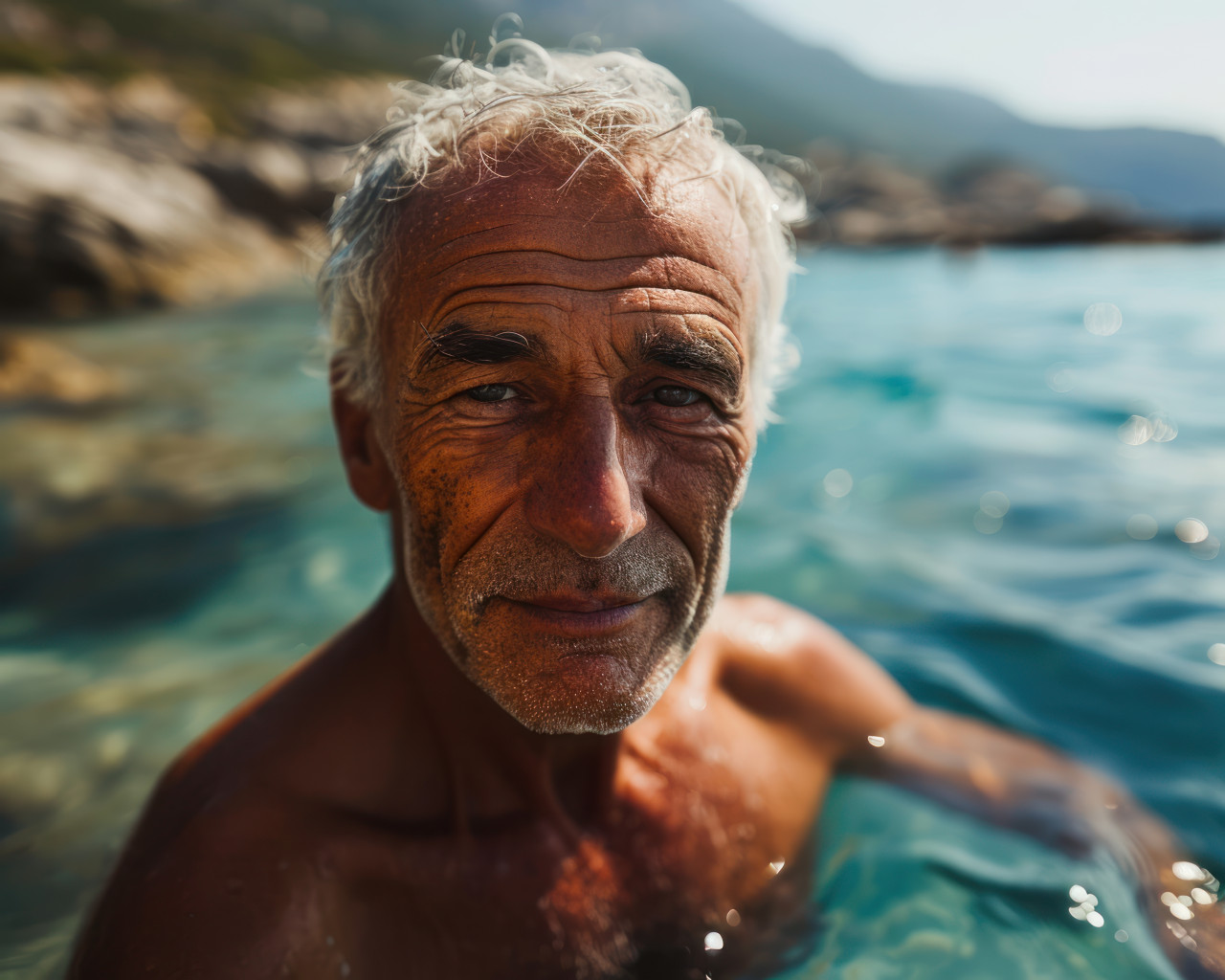 Joyful senior man enjoying the ocean, images of senior citizens