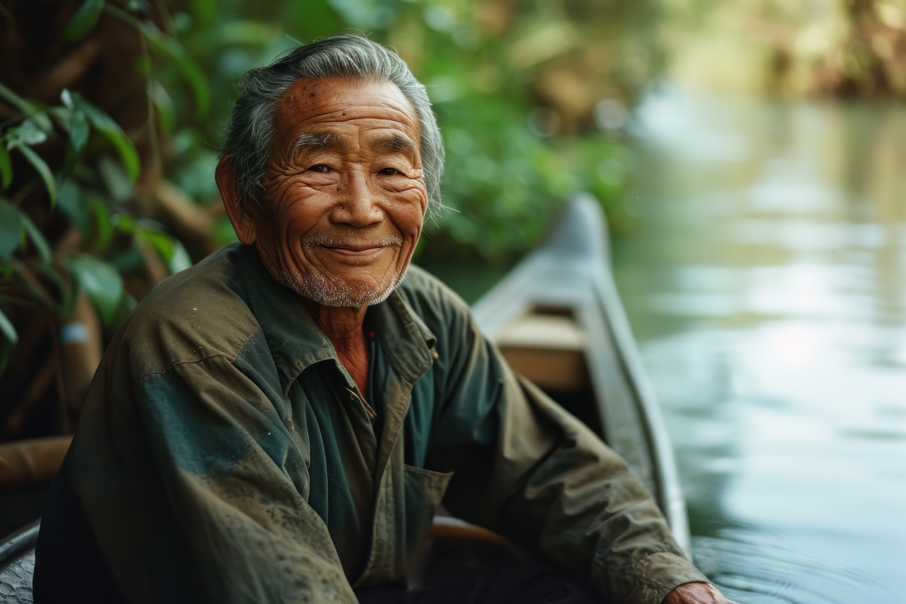A happy grandpa enjoying his canoe ride, happy active seniors images